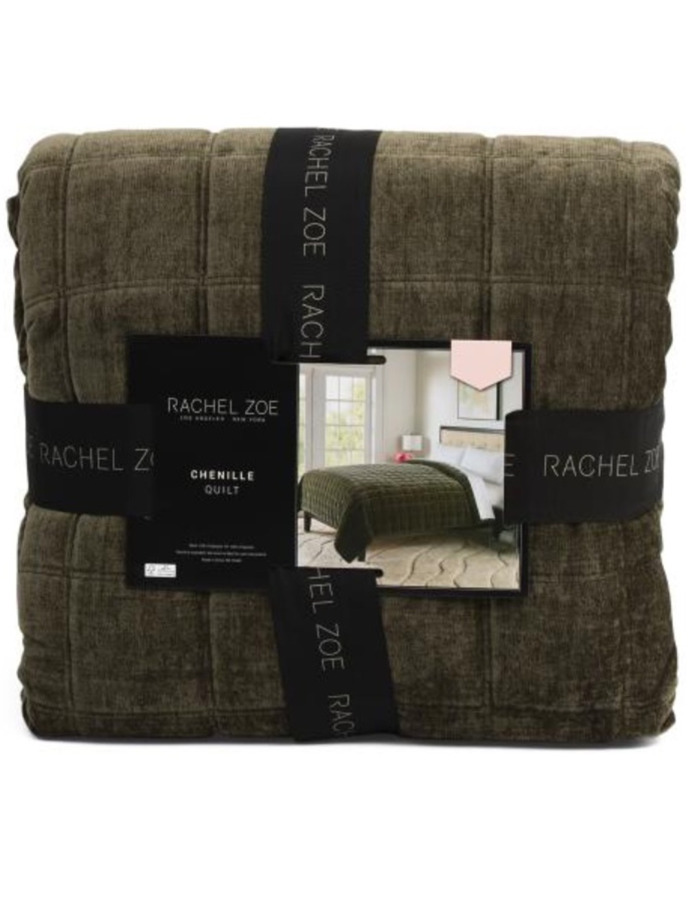 Rachel Zoe Olive Green Chenille Quilt - Textured Grid Design